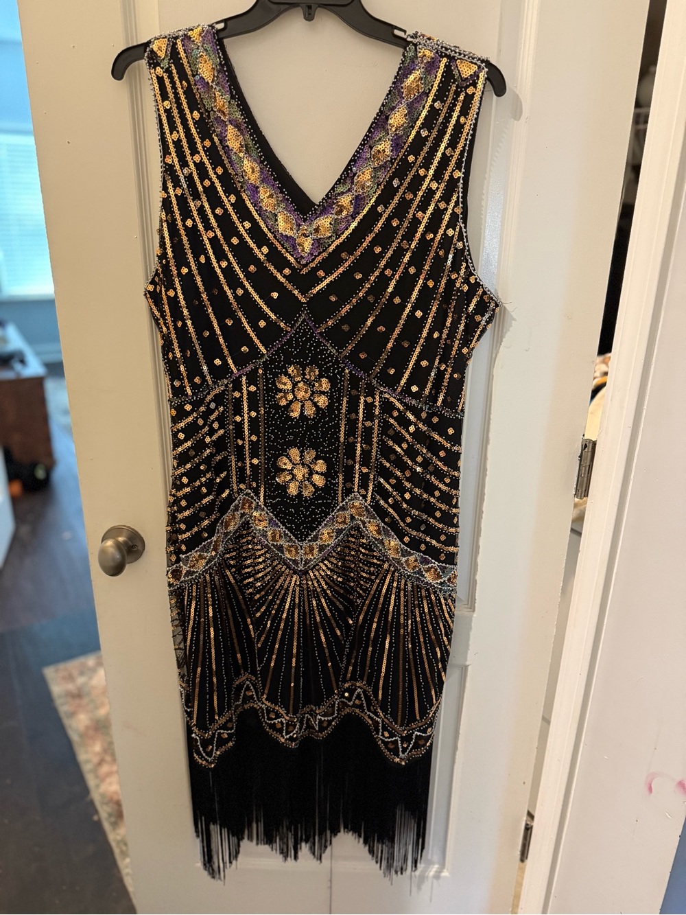 Beaded Black Evening Dress with Gold & Purple Accents